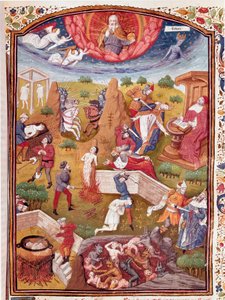 Vision von Boccaccio: Szene der Folter, des Hängens, des Massakers. Miniatur aus „De casibus virorum illustrium“ von Giovanni Boccaccio, genannt Jean Boccace (1313-1375), italienischer Schriftsteller, übersetzt von Laurent de Premierfait und illuminiert vo