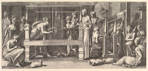 Frauen beim Spinnen, Weben und Nähen, 1540-50