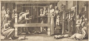 Penelope und ihre Mägde beim Weben von Master FG, after Francesco Primaticcio