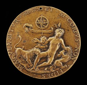 Eine Allegorie des Glaubens: Löwen verschlingen einen nackten Jüngling von Master IO.FF.