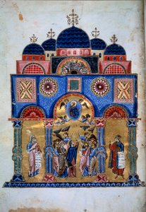 Die Himmelfahrt Christi. Griechisches Manuskript „Homelien an die Jungfrau“ (Folio 3v) von Jacques de Kokkinobaphos von Master Kokkinobaphos