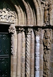 Detail des Portico de las Platerias mit Bildern der Epiphanie und der Passion von Master Mateo