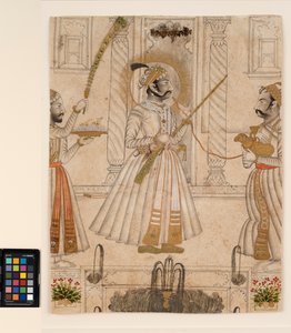 Maharana Amar Singh II raucht eine schafsförmige Wasserpfeife, ca. 1705 (Deckfarben und Gold auf Papier) von Master Stipple