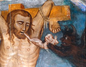 Der unbußfertige Dieb, gekreuzigt mit Jesus, seine Seele wird von einem Dämon aus seinem Mund gerissen (Fresko)