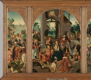 Triptychon mit Anbetung der Könige (Mitte und innere Flügel), Heiliger Antonius Abt (links, äußerer Flügel) und Heiliger Adrian (rechts, äußerer Flügel)
