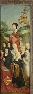 Gedenktafel mit neun weiblichen Porträts, wahrscheinlich Kathrijn Willemsdr van der Graft und Familie, mit der Heiligen Maria Magdalena und den Wappen der Familien Van Soutelande und Van der Graft-Van Soutelande, innerer rechter Flügel eines Altars