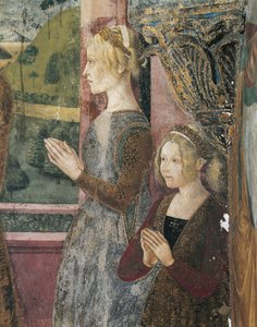 Italien, Region Piemont, Provinz Alessandria, Serralunga di Crea, Sacro Monte di Crea, Heiligtum Santa Maria Assunta, Kapelle der Heiligen Margareta von Antiochia, Fresko, das Paleologo und Bernarda di Bosse darstellt von Master of Crea