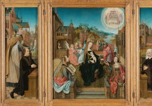 Triptychon mit Madonna und Kind mit Heiligen (Mitte), männlicher Stifter mit St. Martin (links, Innenflügel), weiblicher Stifter mit St. Cunera (rechts, Innenflügel) und der Verkündigung (Außenflügel)
