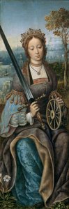 Triptychon der Heiligen Familie mit musizierenden Engeln. Linkes Panel: Heilige Katharina