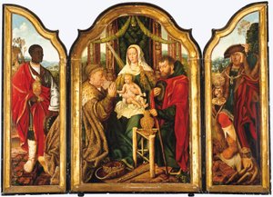 Die Heilige Familie mit Melchior, der dem Christkind Gold darbringt