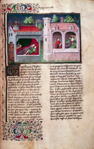 Galante Szene: zwei Paare im Gespräch. Seite eines Manuskripts in Französisch des „Decameron“ von Giovanni Boccaccio, illuminiert vom Meister von Mansel. 1450. Paris, Arsenal-Bibliothek