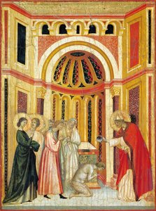 Bischof Urban tauft Tiburcio, Detail aus dem Altarbild der Legende von St. Cäcilia, um 1304, von Meister der Heiligen Cäcilia, Tempera auf Tafel und Goldblatt geprägt