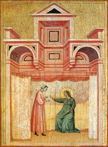 Cecilia überzeugt ihren Ehemann Valerian zur Taufe, Detail aus dem Altarbild, das die Legende der heiligen Cecilia darstellt, ca. 1304, von Meister der heiligen Cecilia, Tempera auf Holz und Goldblatt, 85x181 cm von Master of Saint Cecilia
