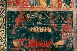 Zeichen des Heiligen Michael. Detail der Hölle. Gemälde von Der Meister von Soriguerola (Mitte des 13. Jahrhunderts). Tempera auf Holz. Nationales Kunstmuseum von Katalonien, Barcelona.