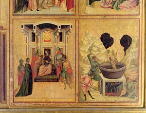 St. Cäcilia und Szenen aus ihrem Leben: zwei Szenen, die St. Cäcilia vor dem Präfekten und das Martyrium von St. Cäcilia zeigen, ca. 1300 (Detail)