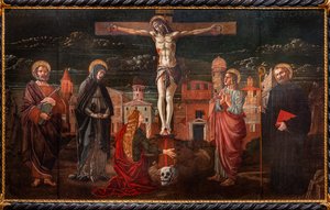 Gekreuzigter Christus unter St. Peter, der Jungfrau Maria, Maria Magdalena, St. Johannes dem Apostel und St. Benedikt