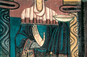 Die Jungfrau. Detail. Fresko des Meisters von Sant Climent de Taüll. Ca. 1123. Aus der Apsis der Kirche Sant Climent de Taüll. Nationalmuseum für Kunst von Katalonien, Barcelona