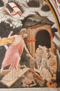 Auferstehung und Abstieg in die Vorhölle (Detail): Jesus ergreift Adams Hand. Zu Füßen Christi die Tore der Hölle und die Figur des Teufels auf dem Boden, ca. 1420