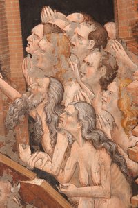 Auferstehung und Abstieg in den Limbus (Detail): die aufrechten Menschen des Alten Testaments, einschließlich Adam mit langem grauem Bart von Master of Vignola
