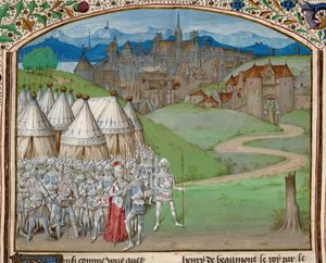 Königin Isabella und ihre Armee mit der Vierteilung des Körpers von Hugh le Despenser im Hintergrund, Illustration aus 