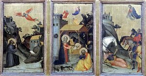 Die Stigmata des Hl. Franziskus, Die Geburt Christi und Die Bekehrung des Hl. Paulus von Master of the Accademia Misericordia