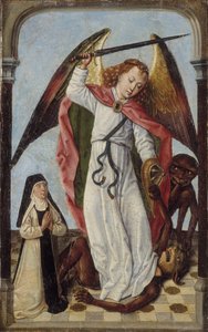 St. Michael kämpft gegen Dämonen in Anwesenheit einer Nonne von Master of the Bruges Legend of St. Ursula