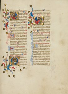 Initiale E: Heilige Lucia; Initiale M: Heiliger Thomas; Initiale D: Heiliger Thomas predigt von Master of the Brussels Initials