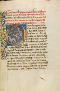 Initiale Q: Der Reliquienschrein des Heiligen Antonius kommt in der Kirche in Konstantinopel an und die Heilung der Kaisertochter