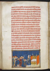 König Karl V. kniet, während der Erzbischof von Reims die Kommunionwafer in seinen Mund legt, Illustration aus 