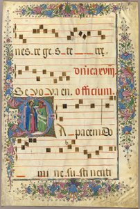 Seite aus einem Chorbuch mit Christus und einem Pharisäer in einem historisierten Initial "D" von Master of the Cypresses