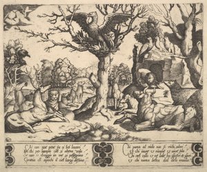 Ein Phönix auf einem Baum, Flügel geöffnet, eine Vielzahl von Tieren darunter, 1530-60