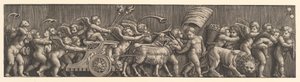 Friesanordnung, die den Triumph der Liebe darstellt, Amor in einem von Ziegen gezogenen Wagen von Master of the Die
