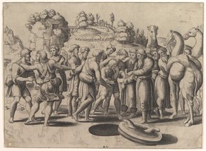 Joseph in der Mitte, von seinen Brüdern über einem Brunnen verkauft, Kamele rechts