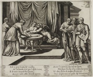 Andere Nymphen bedienen Psyche am Tisch von Master of the Die