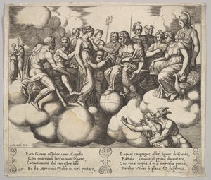 Tafel 30: Venus und Amor plädieren in Anwesenheit von Jupiter und anderen Göttern..., 1530-60
