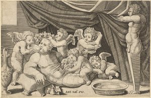 Speculum Romanae Magnificentiae: Bacchus umgeben von Putti mit Priapus haltend..., 16. Jahrhundert von Master of the Die