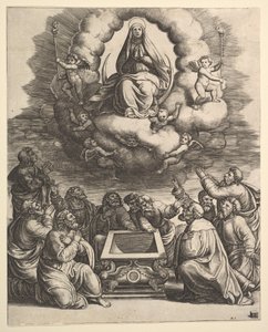 Mariä Himmelfahrt, unten umgeben die Apostel das Grab, 1530-60 von Master of the Die