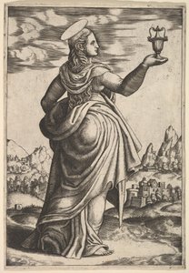 Die Magdalena steht nach rechts, Krug in ihrer erhobenen rechten Hand, 1530-60