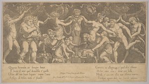 Das Opfer an Priapus, der in Form einer Statue in der Mitte steht, Bacchus und ein Sa..., 1530-60 von Master of the Die