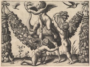Drei Putti vor einer großen Girlande, der mittlere reitet auf einem Strauß von Master of the Die