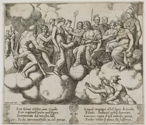 Venus und Amor plädieren in Anwesenheit von Jupiter und anderen Göttern von Master of the Die