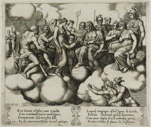 Venus und Amor plädieren vor Jupiter und anderen Göttern von Master of the Die