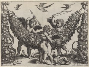 Zwei Putti... schlagen einen anderen, der ein Kind drückt von Master of the Die after Raphael