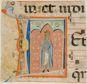 Heilige Frau in einem verzierten Initial "L" aus einem Chorbuch von Master of the Dominican Effigies