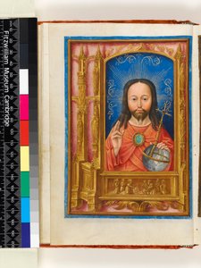 Illuminierte Handschrift. Stundenbuch, Folio 13 verso: Salve sancta facies, Christus als Salvator mundi mit Kugel und Segen, architektonischer Rahmen mit Heiligen in Nischen und St. Veronika mit dem Schweißtuch, 1510 von Master of the Dresden Prayer Book