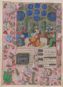 David und die Tempelsänger. Der Psalter. David und die Tempelsänger. Die Sänger tragen allegorische Blumen, unter Visionen der Passion, des Leidens der Märtyrer und der Zerstörung Jerusalems. Davids Harfe liegt neben ihm. von Master of the Dresden Prayer Books