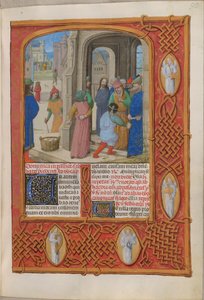 Temporale (1. Teil: vom Ersten Adventssonntag bis Karsamstag). Die Juden drohen Christus wegen Gotteslästerung in Salomons Tempel zu steinigen (Passionssonntag). Rand mit Engeln. Zwei Textspalten.