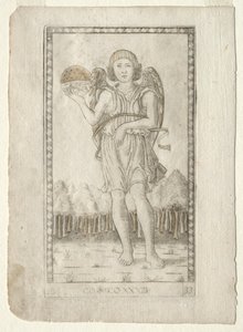 Genius der Welt aus dem Tarocchi, Serie B: Kosmische Prinzipien & Tugenden, #33, vor 1467 von Master of the E Series Tarocchi
