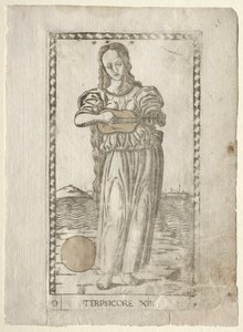 Terpsichore tanzt und singt aus der Tarocchi-Serie D..., vor 1467 von Master of the E Series Tarocchi
