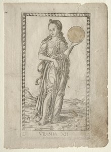 Urania Astronomie aus der Tarocchi-Serie D: Apollo und die Musen, #12, vor 1467 von Master of the E Series Tarocchi